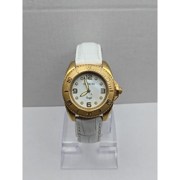 Invicta Angel 15004 Quartz 37mm MOP Dial Gold Tone Bezel Leather New Battery - Picture 1 of 12